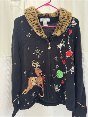Womens Black Holiday Reindeer Jacket with Faux Fur Collar